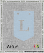 A taped needlepoint canvas with the design: Banner 13 mesh count Pointed L White on Light Blue.