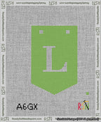 A taped needlepoint canvas with the design: Banner 13 mesh count Pointed L White on Light Green.