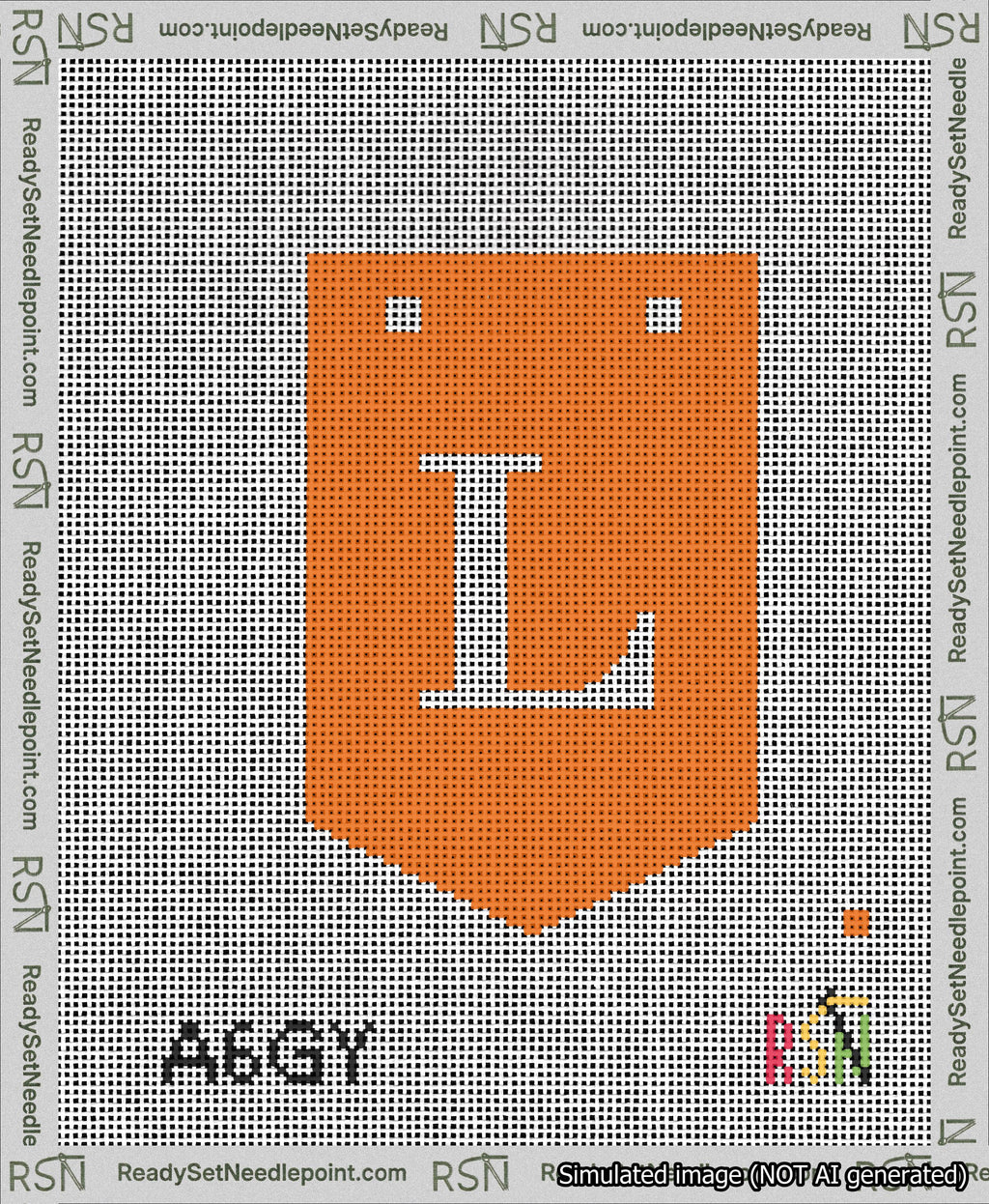 A taped needlepoint canvas with the design: Banner 13 mesh count Pointed L White on Orange.
