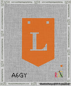 A taped needlepoint canvas with the design: Banner 13 mesh count Pointed L White on Orange.