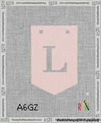 A taped needlepoint canvas with the design: Banner 13 mesh count Pointed L White on Pink.