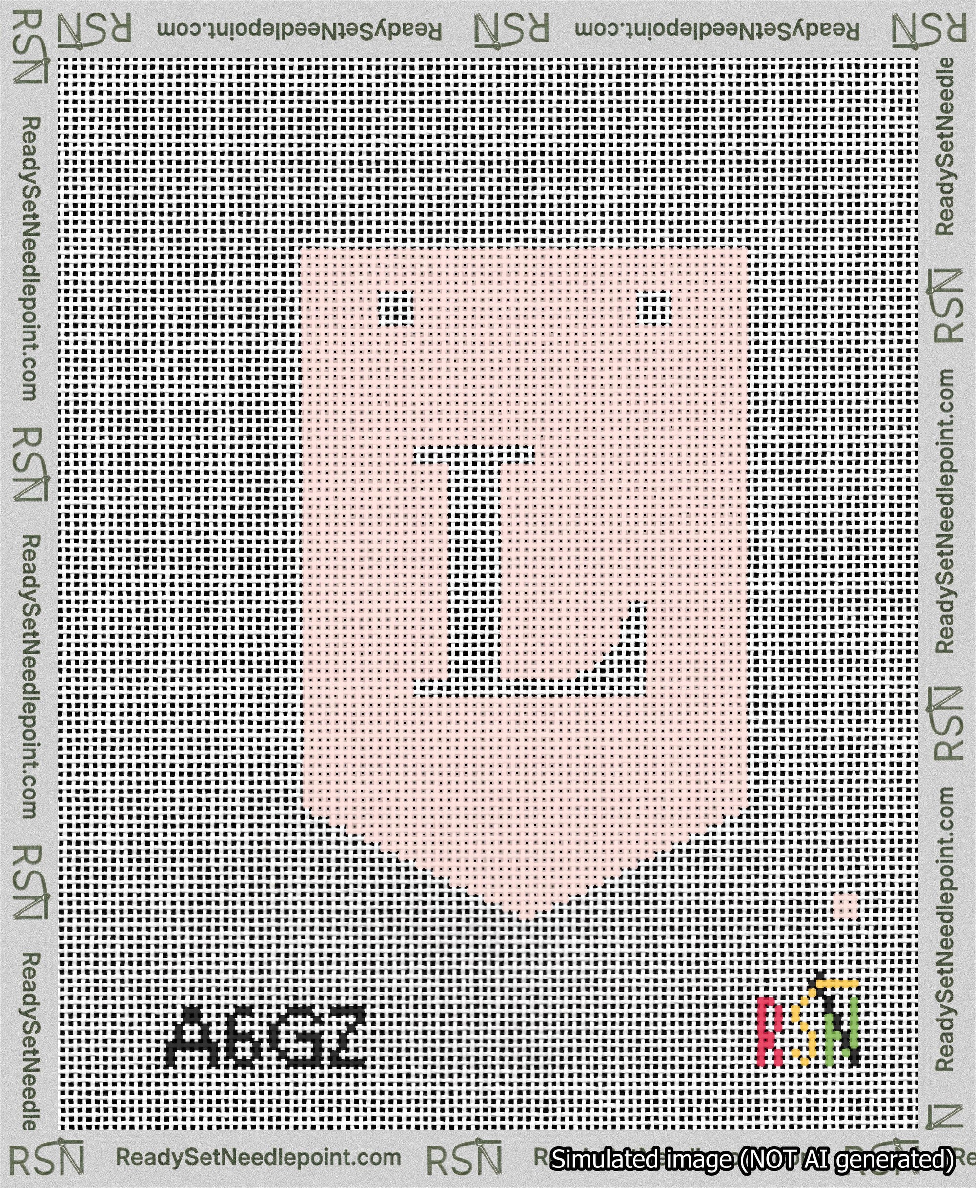 A taped needlepoint canvas with the design: Banner 13 mesh count Pointed L White on Pink.