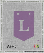 A taped needlepoint canvas with the design: Banner 13 mesh count Pointed L White on Purple.