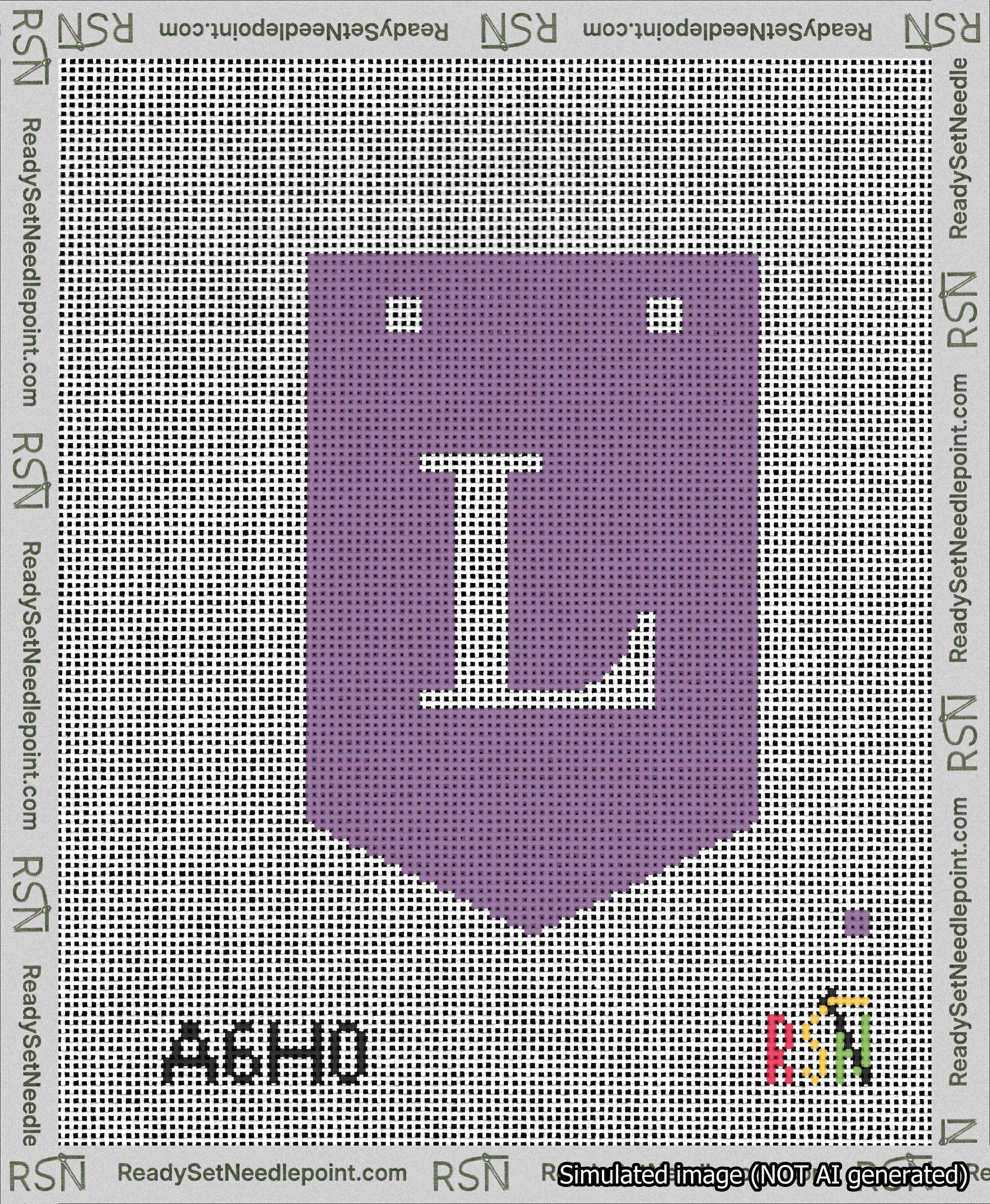 A taped needlepoint canvas with the design: Banner 13 mesh count Pointed L White on Purple.