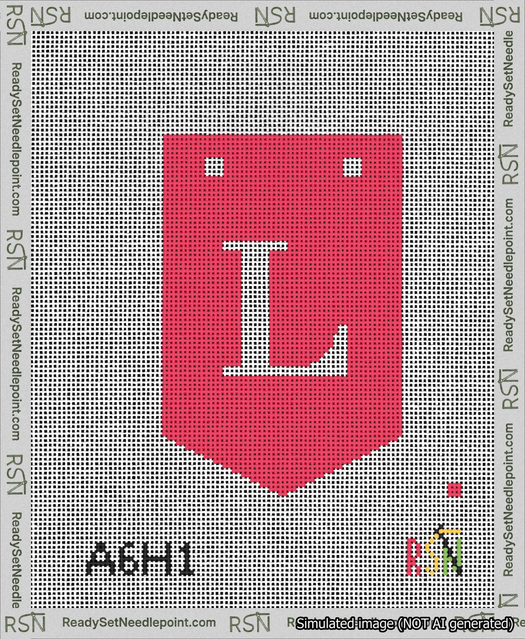 A taped needlepoint canvas with the design: Banner 13 mesh count Pointed L White on Red.