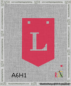 A taped needlepoint canvas with the design: Banner 13 mesh count Pointed L White on Red.