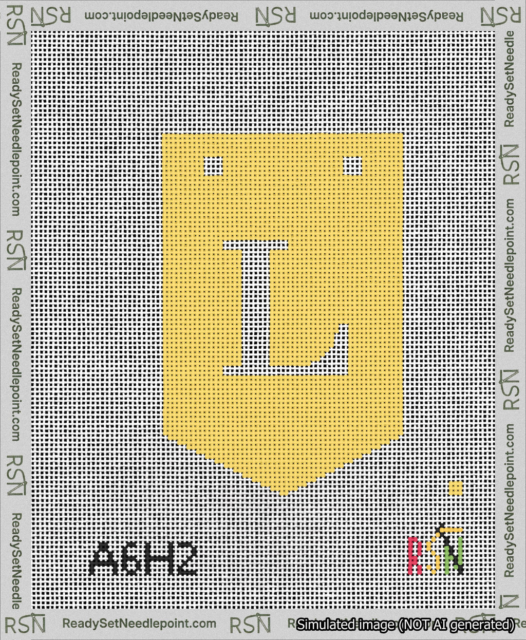 A taped needlepoint canvas with the design: Banner 13 mesh count Pointed L White on Yellow.