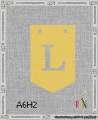 A taped needlepoint canvas with the design: Banner 13 mesh count Pointed L White on Yellow.