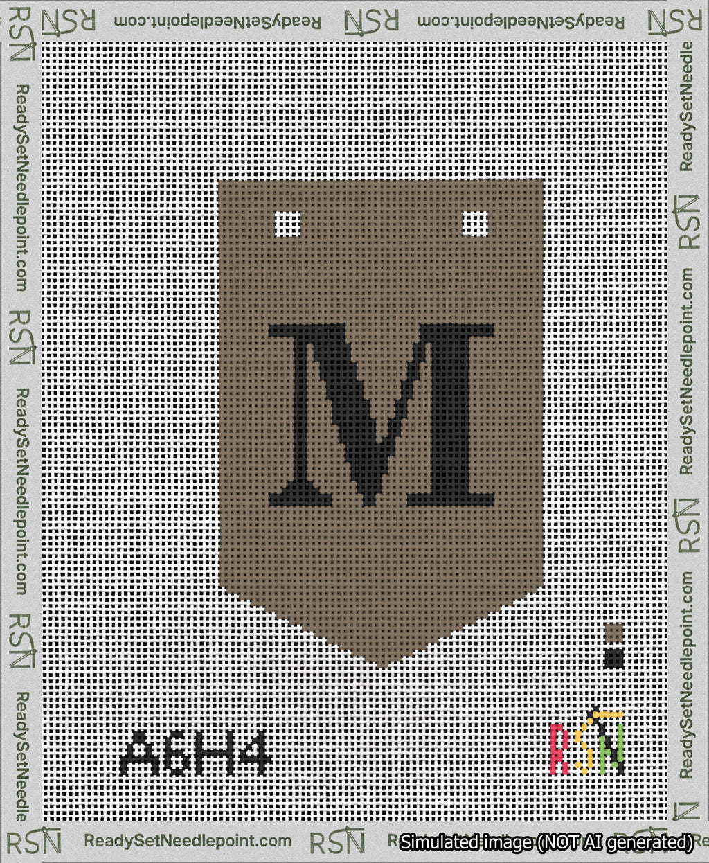 A taped needlepoint canvas with the design: Banner 13 mesh count Pointed M Black on Brown.