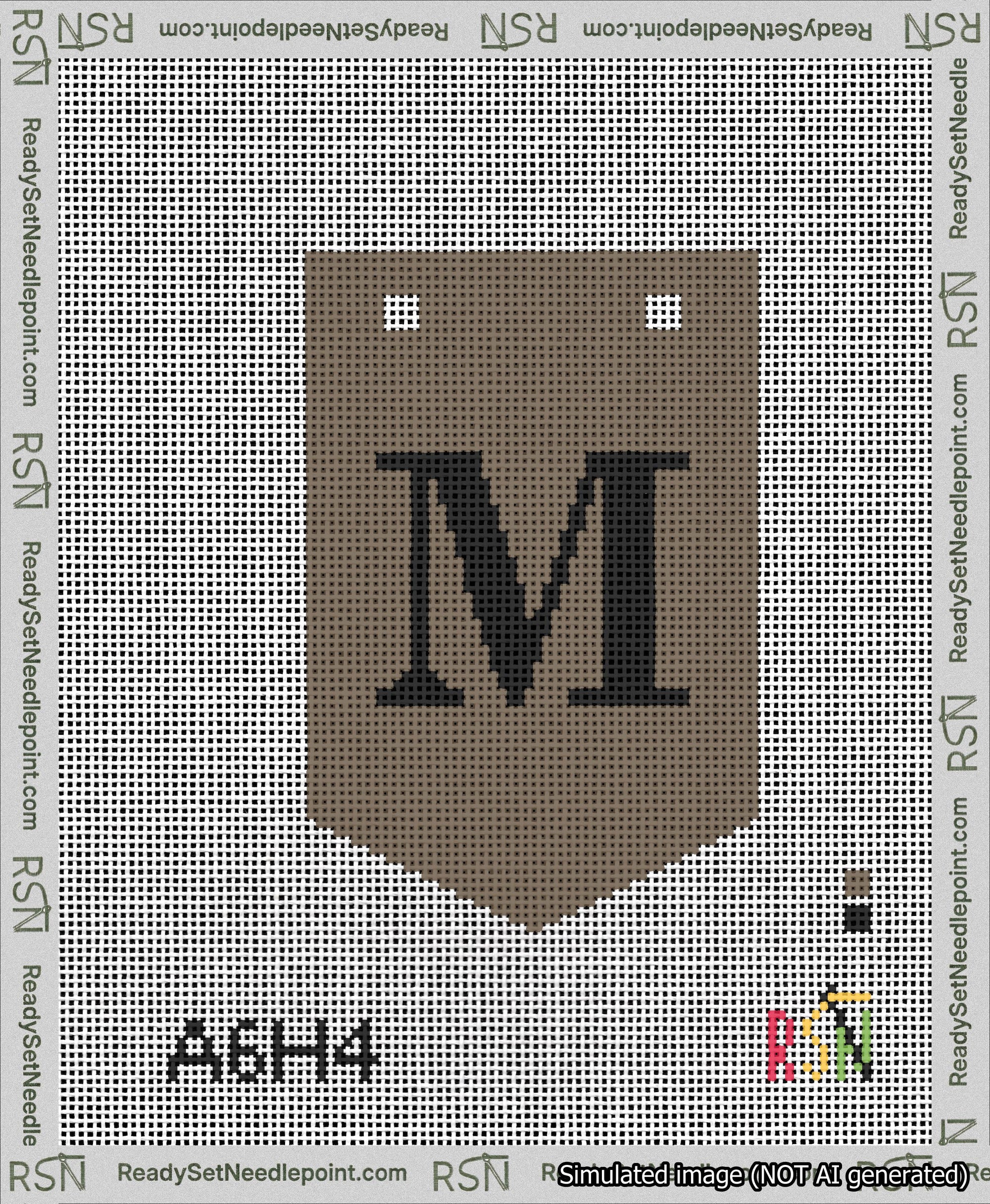 A taped needlepoint canvas with the design: Banner 13 mesh count Pointed M Black on Brown.