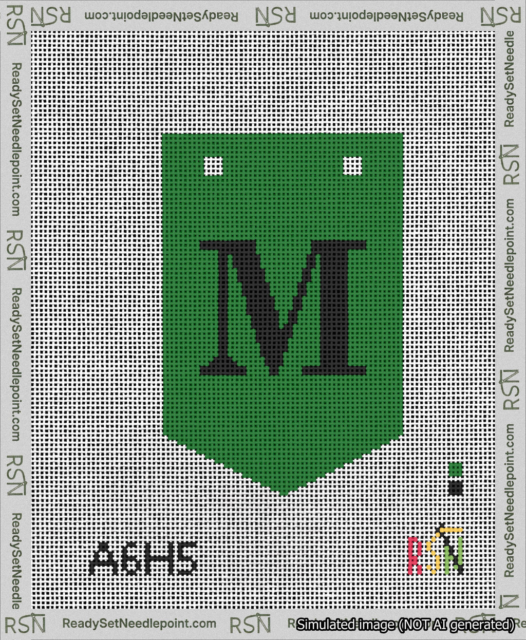 A taped needlepoint canvas with the design: Banner 13 mesh count Pointed M Black on Green.