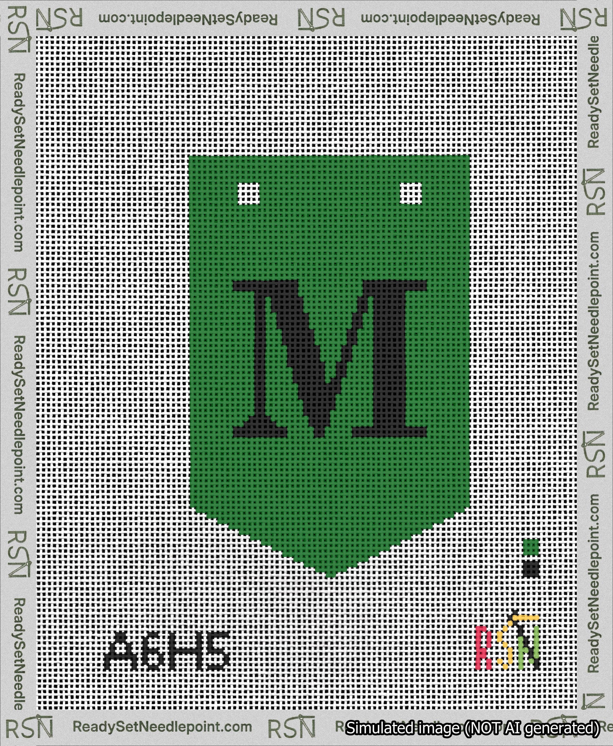 A taped needlepoint canvas with the design: Banner 13 mesh count Pointed M Black on Green.