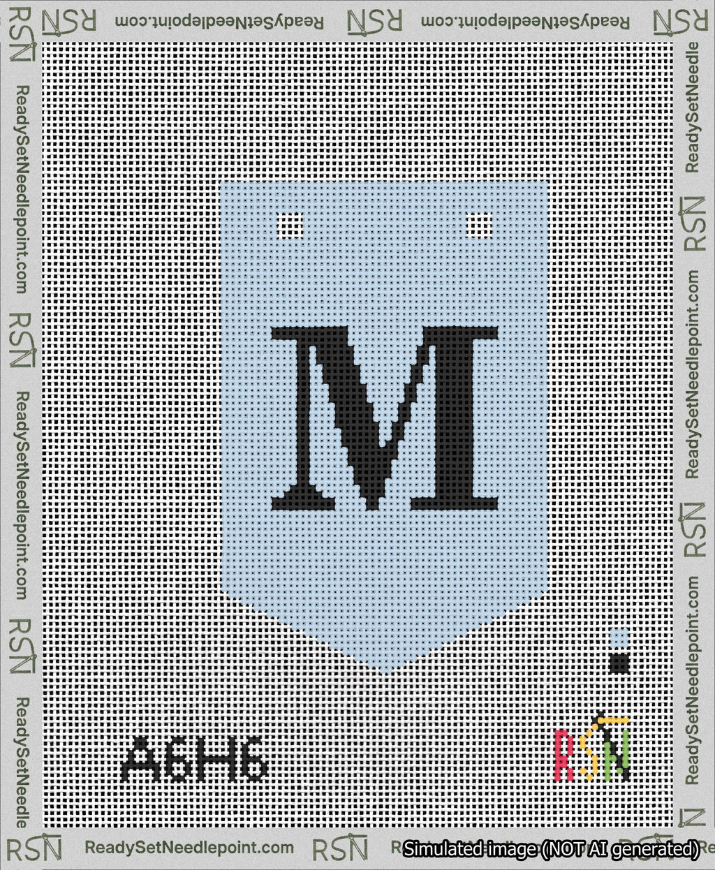 A taped needlepoint canvas with the design: Banner 13 mesh count Pointed M Black on Light Blue.