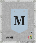 A taped needlepoint canvas with the design: Banner 13 mesh count Pointed M Black on Light Blue.