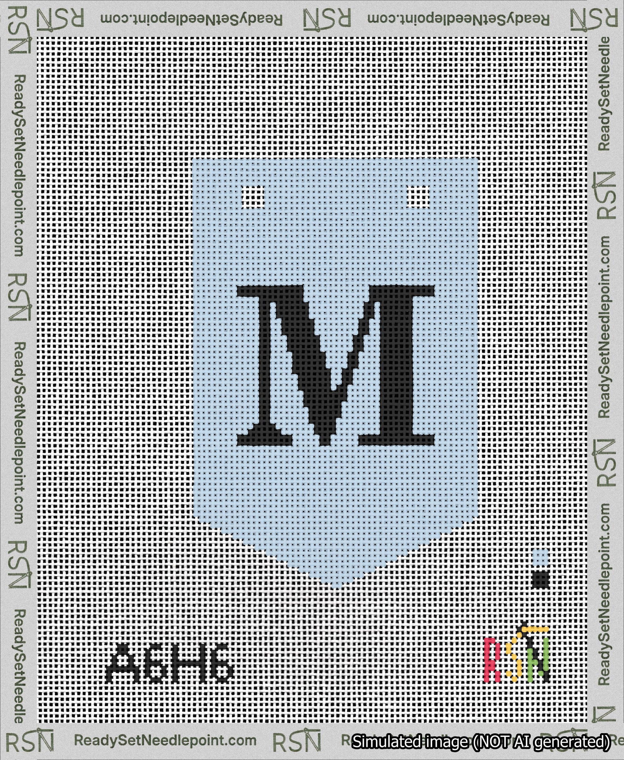 A taped needlepoint canvas with the design: Banner 13 mesh count Pointed M Black on Light Blue.