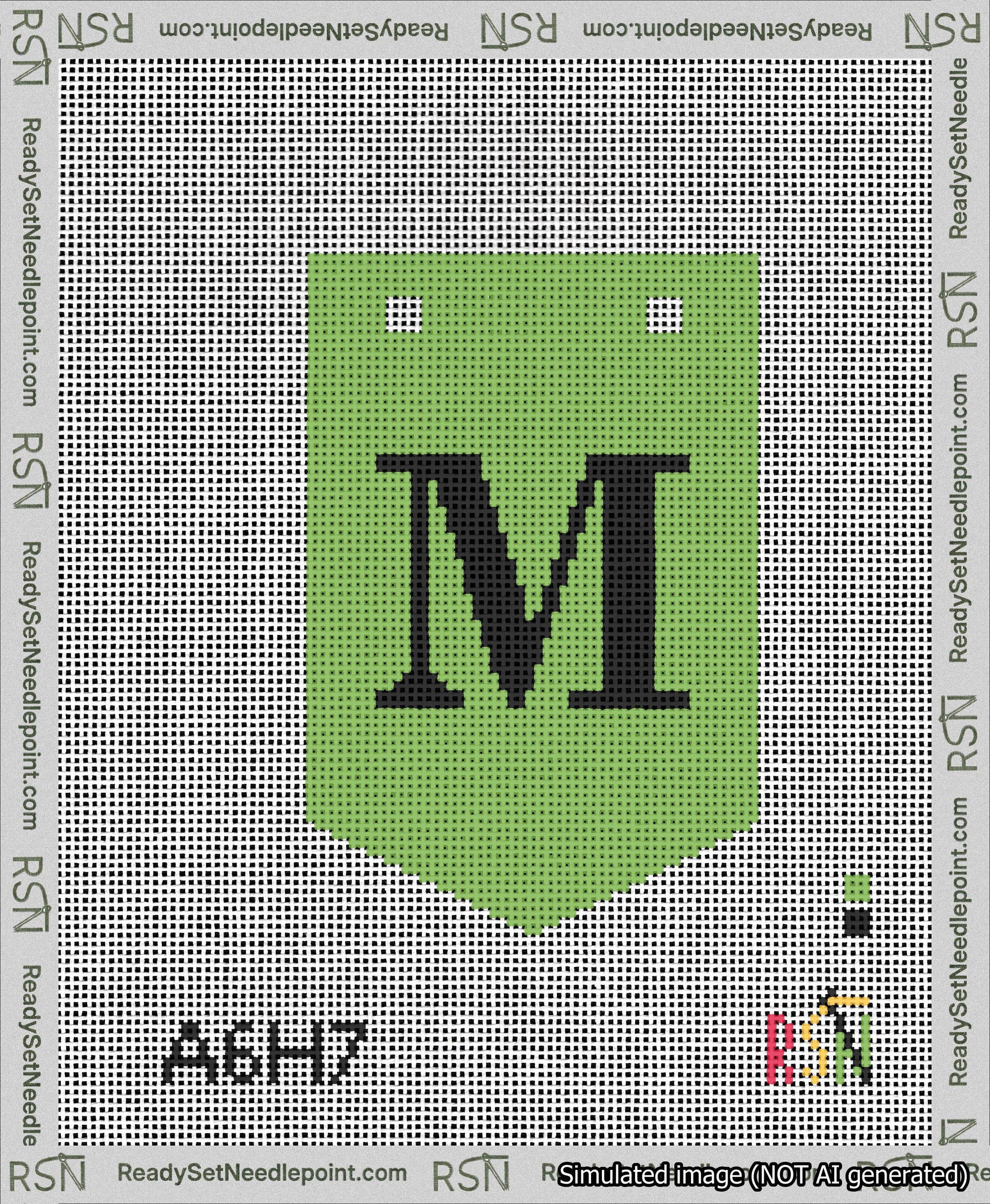 A taped needlepoint canvas with the design: Banner 13 mesh count Pointed M Black on Light Green.