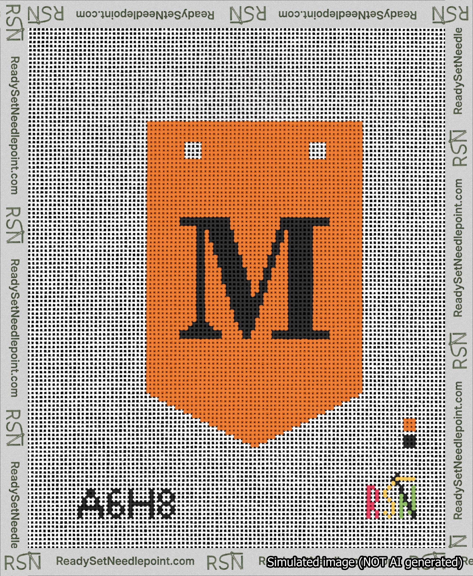 A taped needlepoint canvas with the design: Banner 13 mesh count Pointed M Black on Orange.