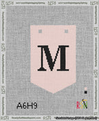 A taped needlepoint canvas with the design: Banner 13 mesh count Pointed M Black on Pink.