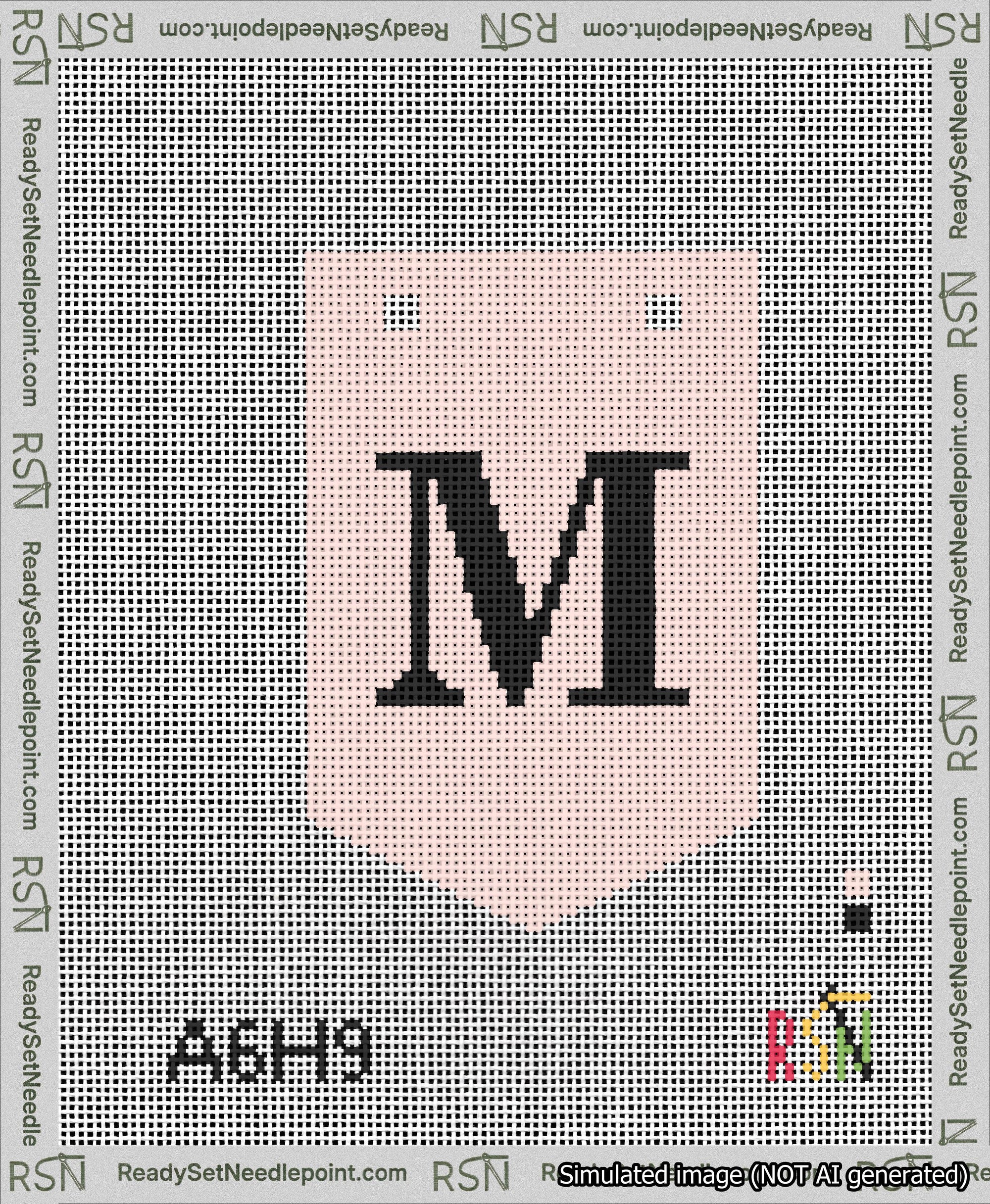 A taped needlepoint canvas with the design: Banner 13 mesh count Pointed M Black on Pink.