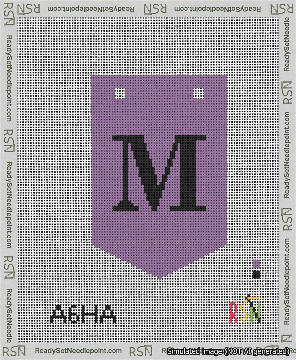 A taped needlepoint canvas with the design: Banner 13 mesh count Pointed M Black on Purple.