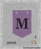 A taped needlepoint canvas with the design: Banner 13 mesh count Pointed M Black on Purple.