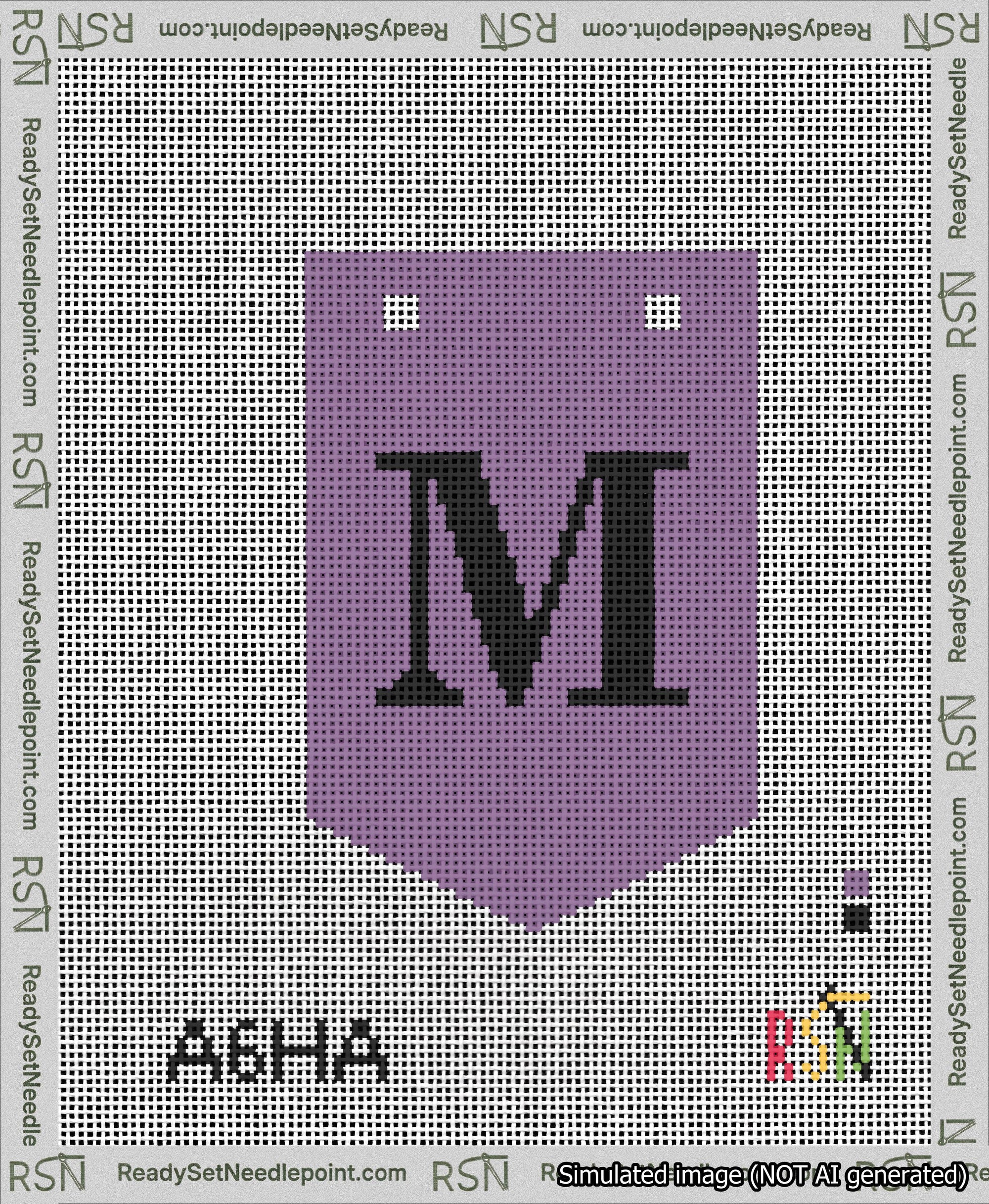 A taped needlepoint canvas with the design: Banner 13 mesh count Pointed M Black on Purple.