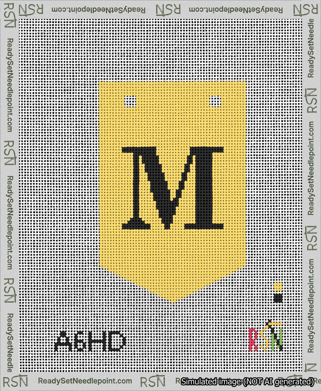 A taped needlepoint canvas with the design: Banner 13 mesh count Pointed M Black on Yellow.