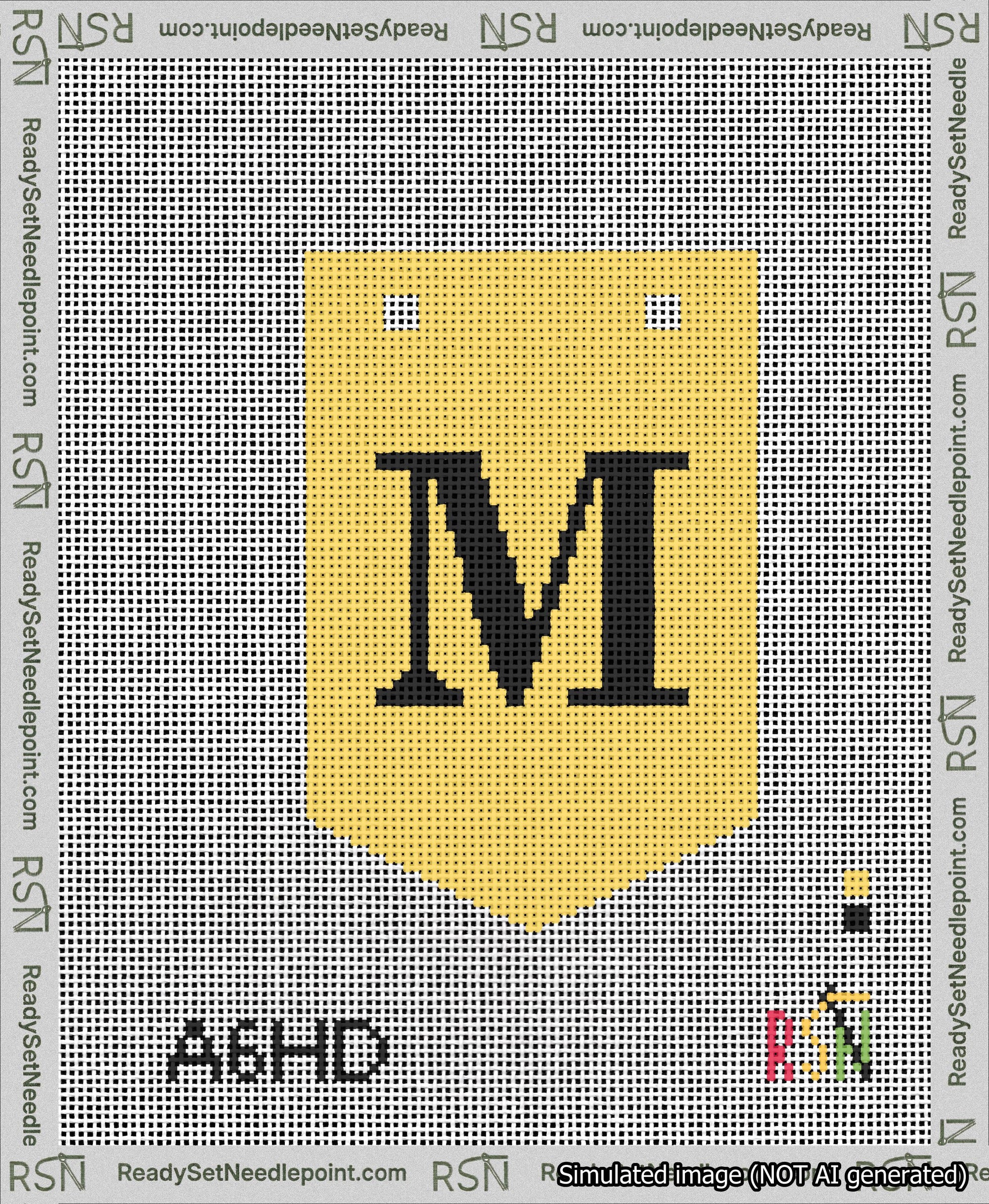 A taped needlepoint canvas with the design: Banner 13 mesh count Pointed M Black on Yellow.