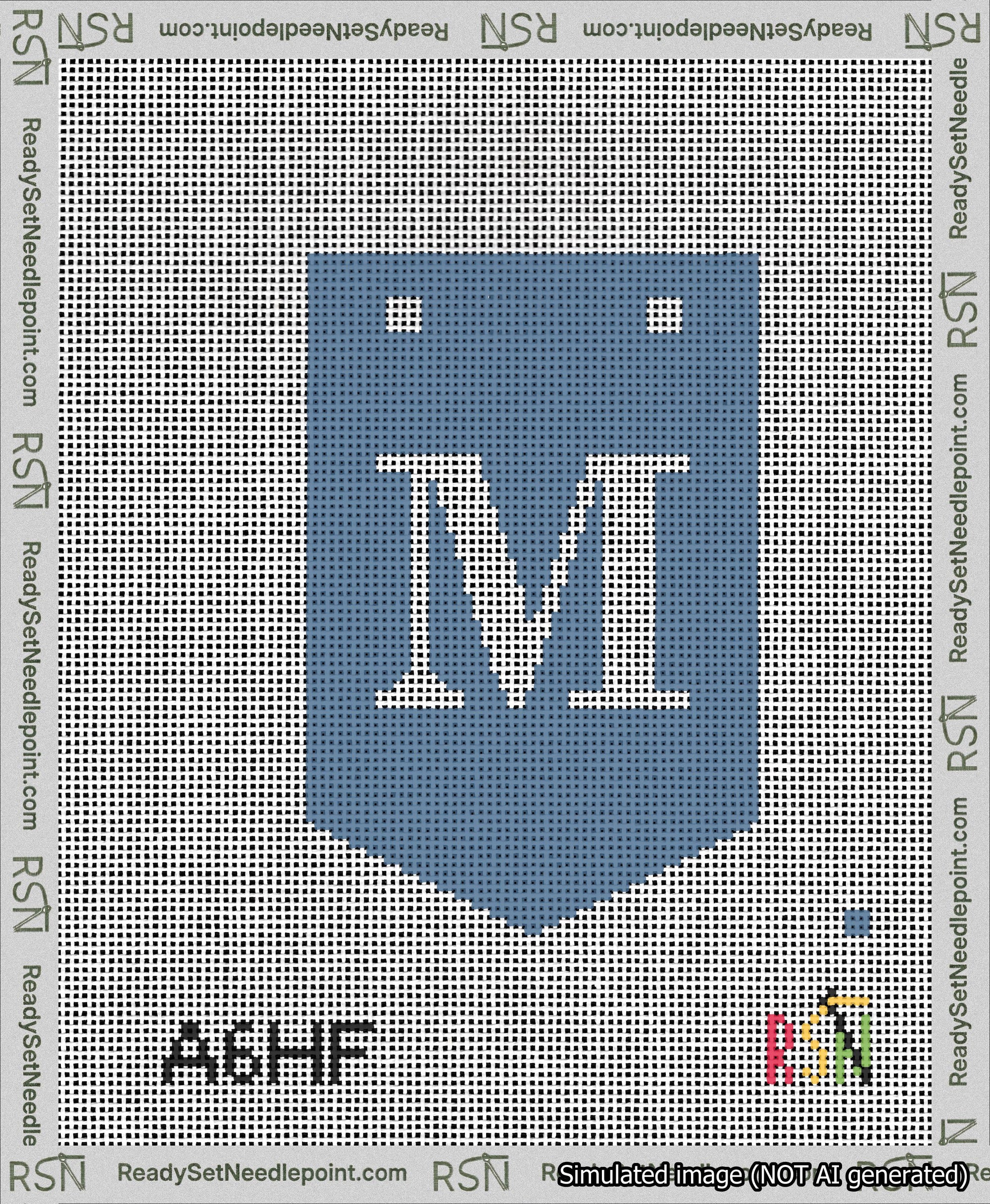 A taped needlepoint canvas with the design: Banner 13 mesh count Pointed M White on Blue.
