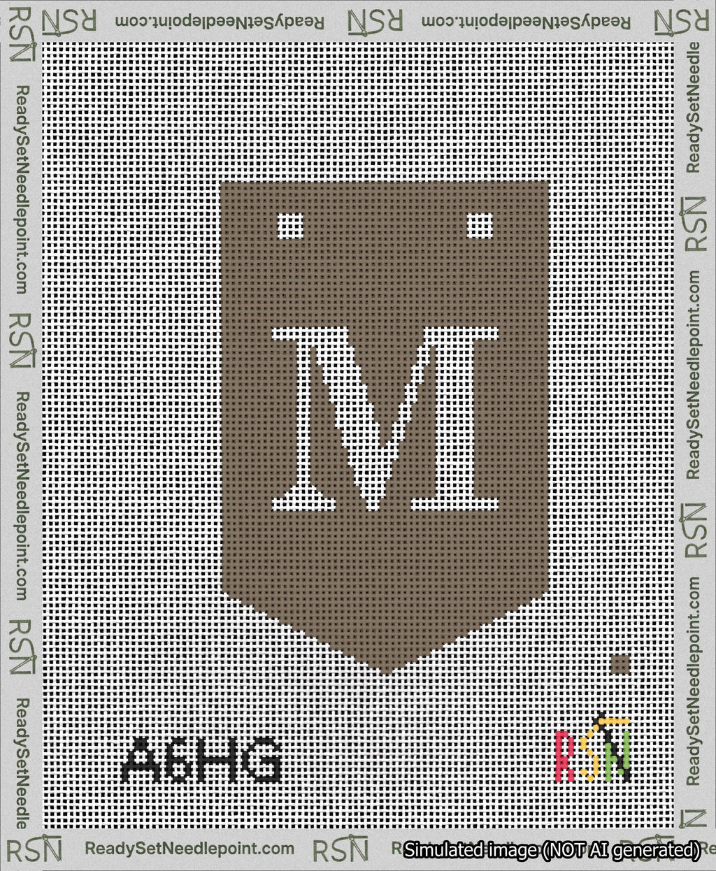 A taped needlepoint canvas with the design: Banner 13 mesh count Pointed M White on Brown.