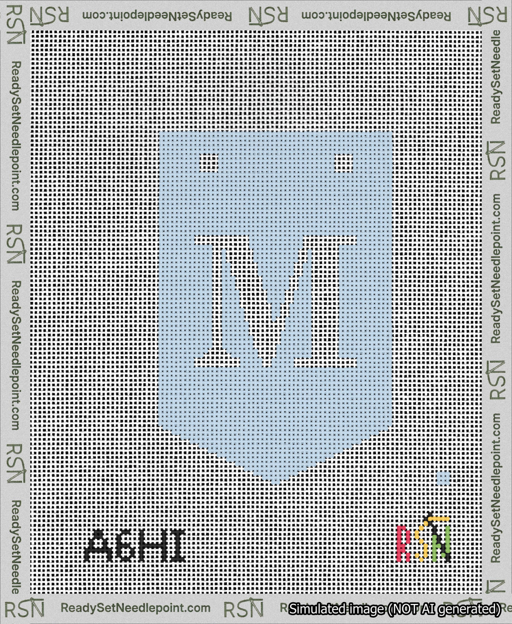 A taped needlepoint canvas with the design: Banner 13 mesh count Pointed M White on Light Blue.