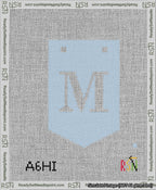 A taped needlepoint canvas with the design: Banner 13 mesh count Pointed M White on Light Blue.
