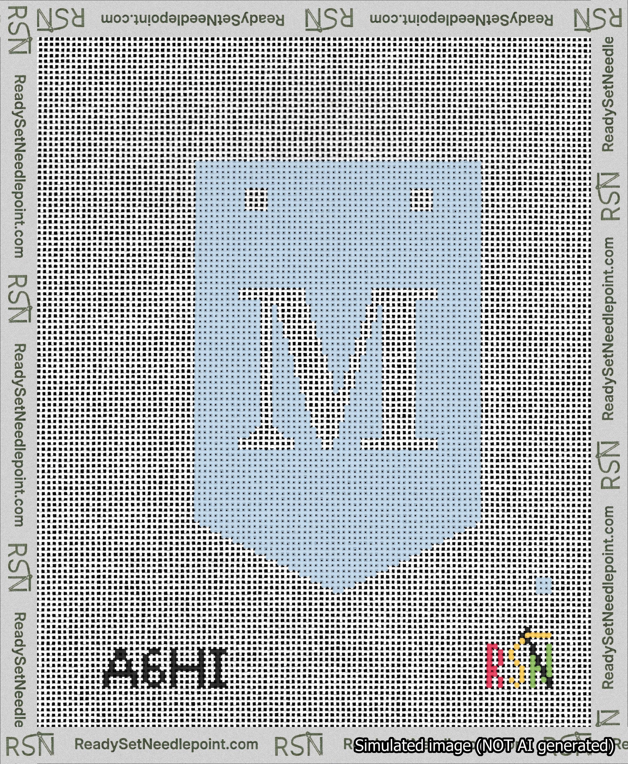 A taped needlepoint canvas with the design: Banner 13 mesh count Pointed M White on Light Blue.
