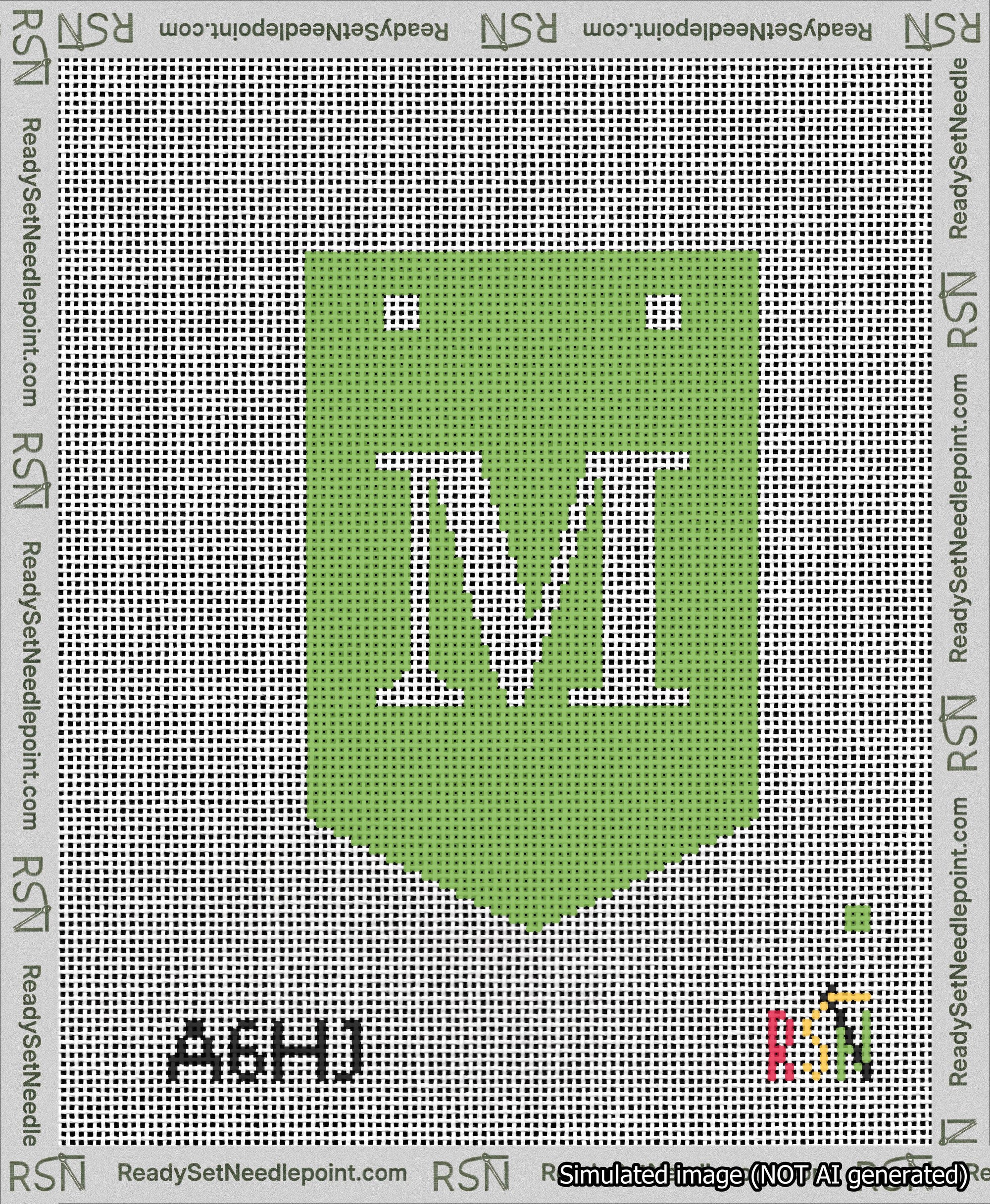 A taped needlepoint canvas with the design: Banner 13 mesh count Pointed M White on Light Green.