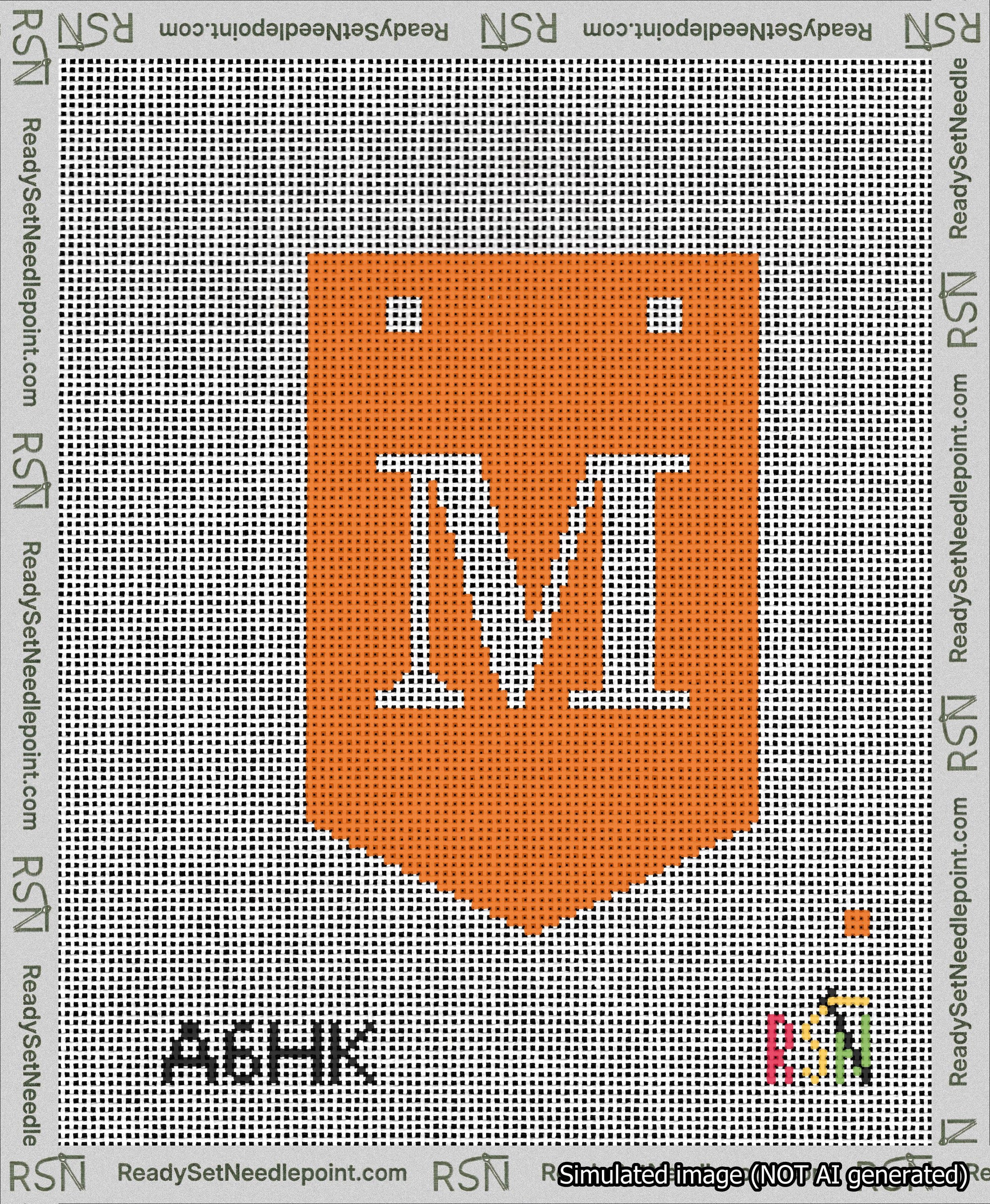 A taped needlepoint canvas with the design: Banner 13 mesh count Pointed M White on Orange.