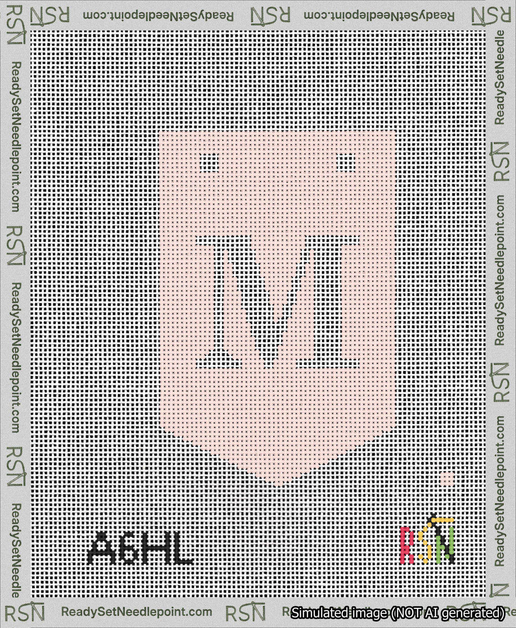 A taped needlepoint canvas with the design: Banner 13 mesh count Pointed M White on Pink.