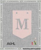 A taped needlepoint canvas with the design: Banner 13 mesh count Pointed M White on Pink.