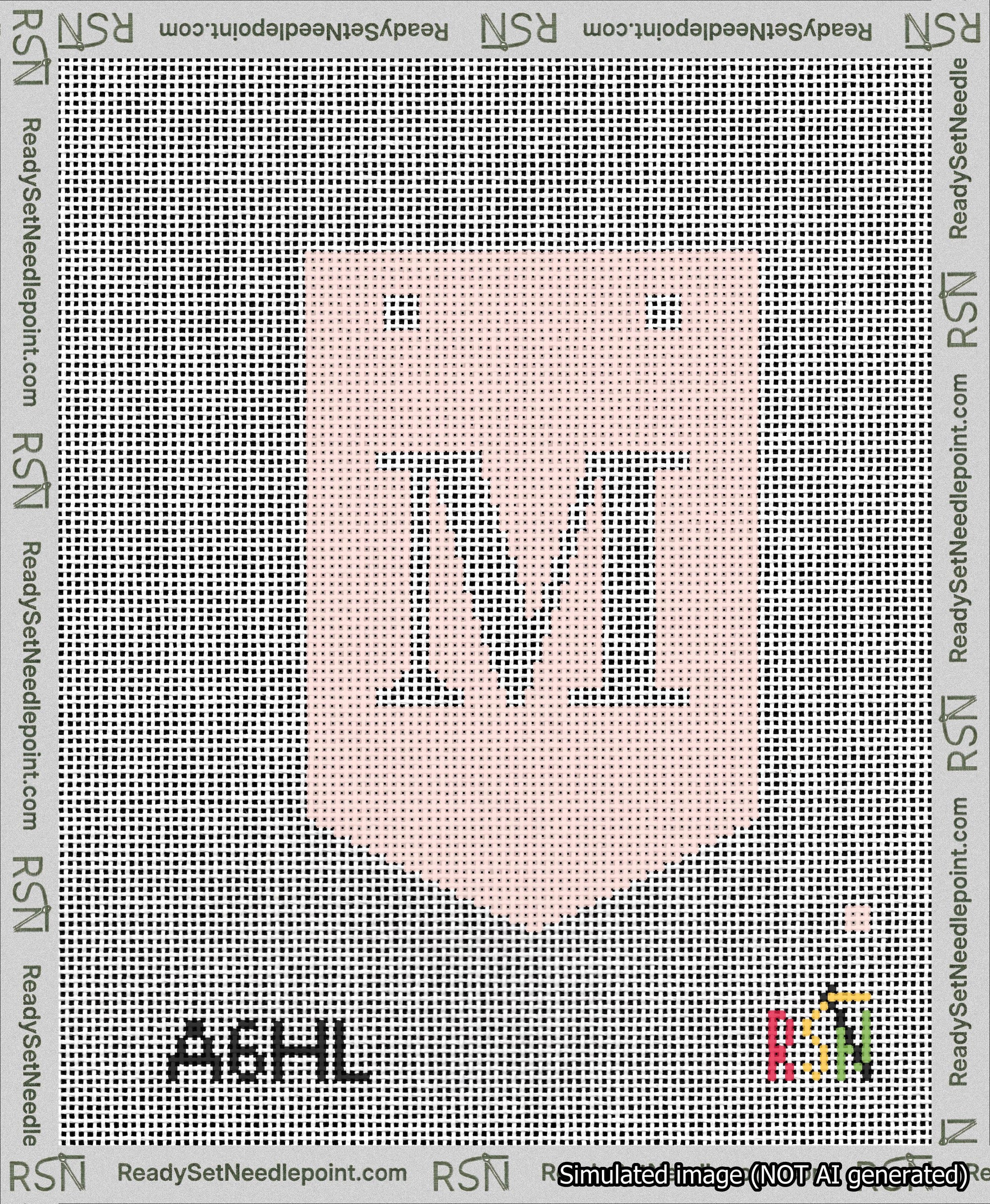 A taped needlepoint canvas with the design: Banner 13 mesh count Pointed M White on Pink.