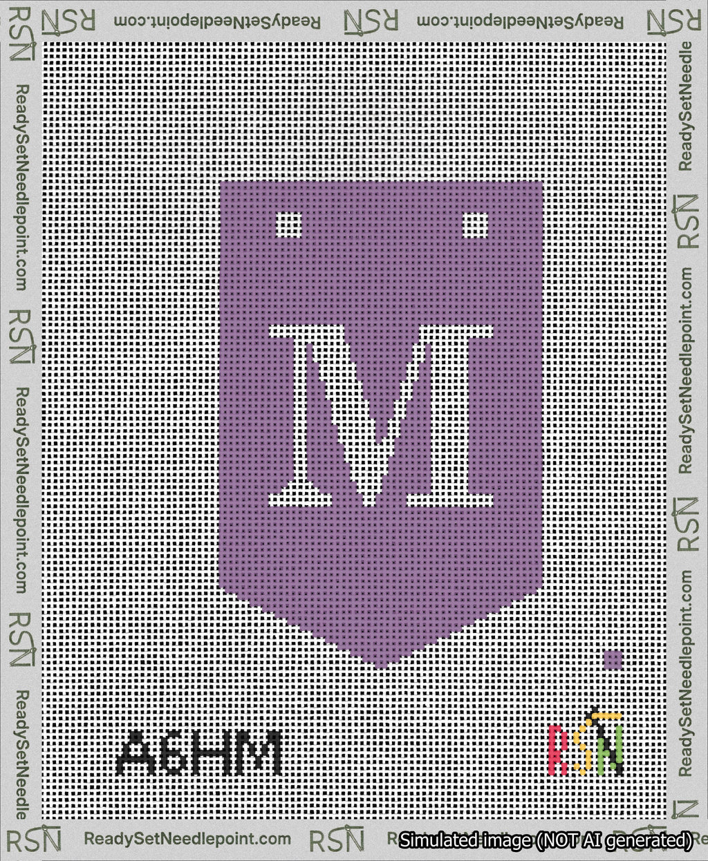A taped needlepoint canvas with the design: Banner 13 mesh count Pointed M White on Purple.