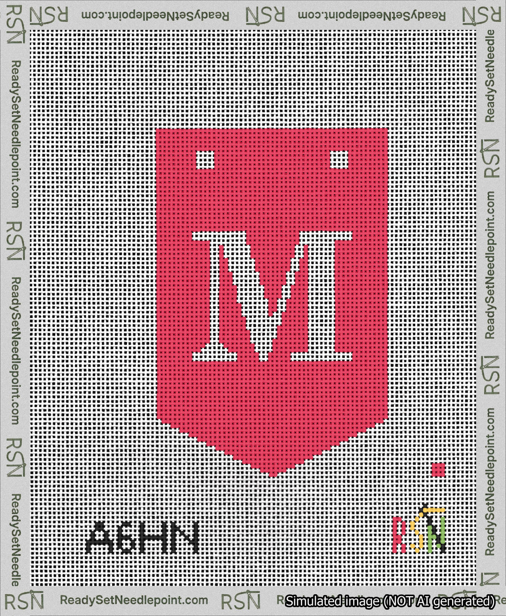 A taped needlepoint canvas with the design: Banner 13 mesh count Pointed M White on Red.
