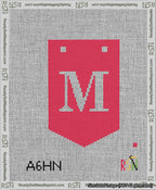 A taped needlepoint canvas with the design: Banner 13 mesh count Pointed M White on Red.