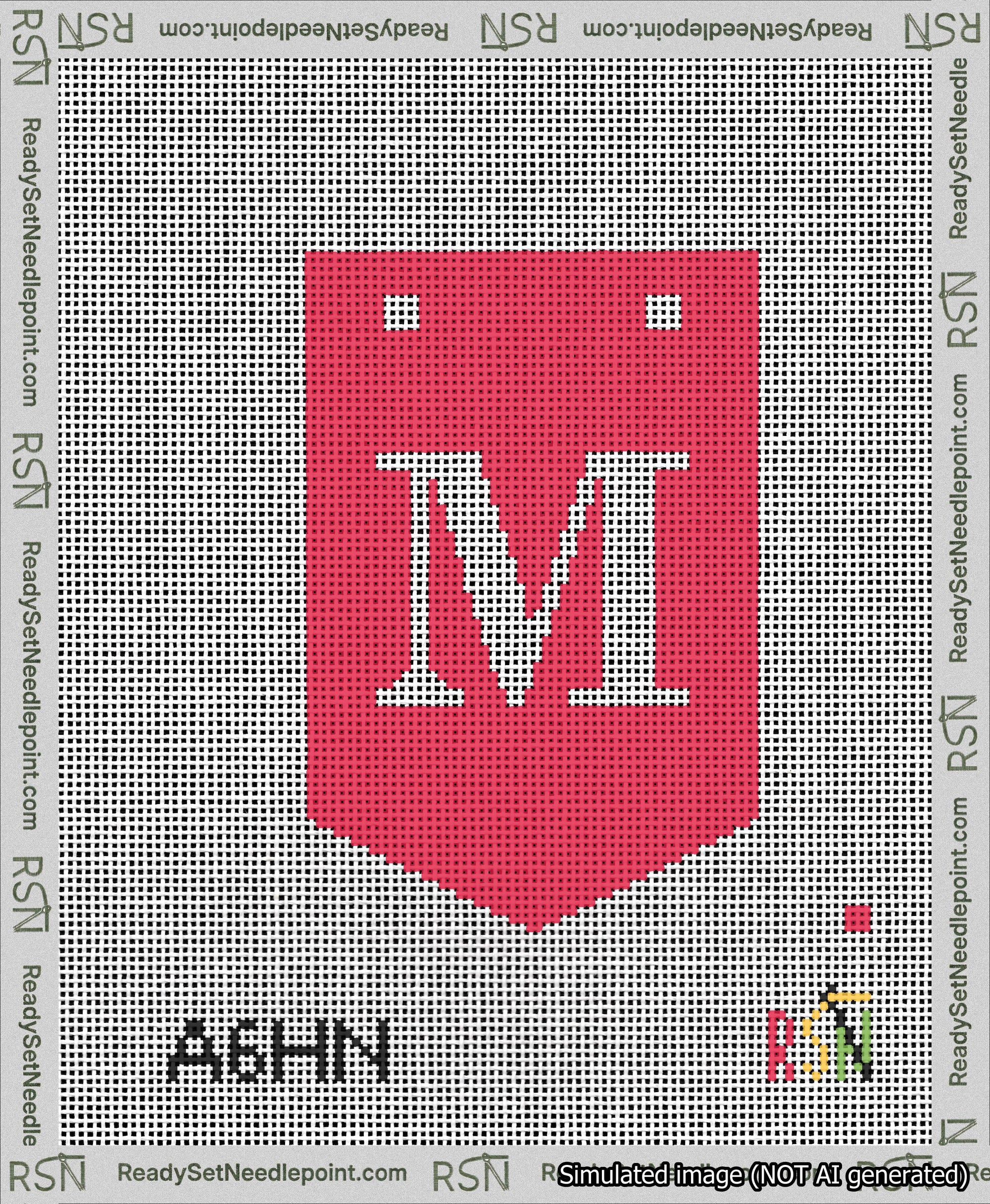 A taped needlepoint canvas with the design: Banner 13 mesh count Pointed M White on Red.