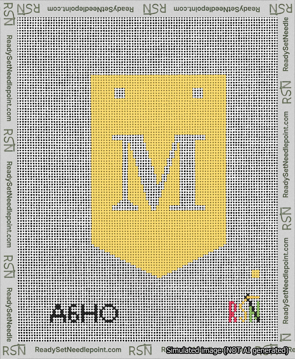 A taped needlepoint canvas with the design: Banner 13 mesh count Pointed M White on Yellow.