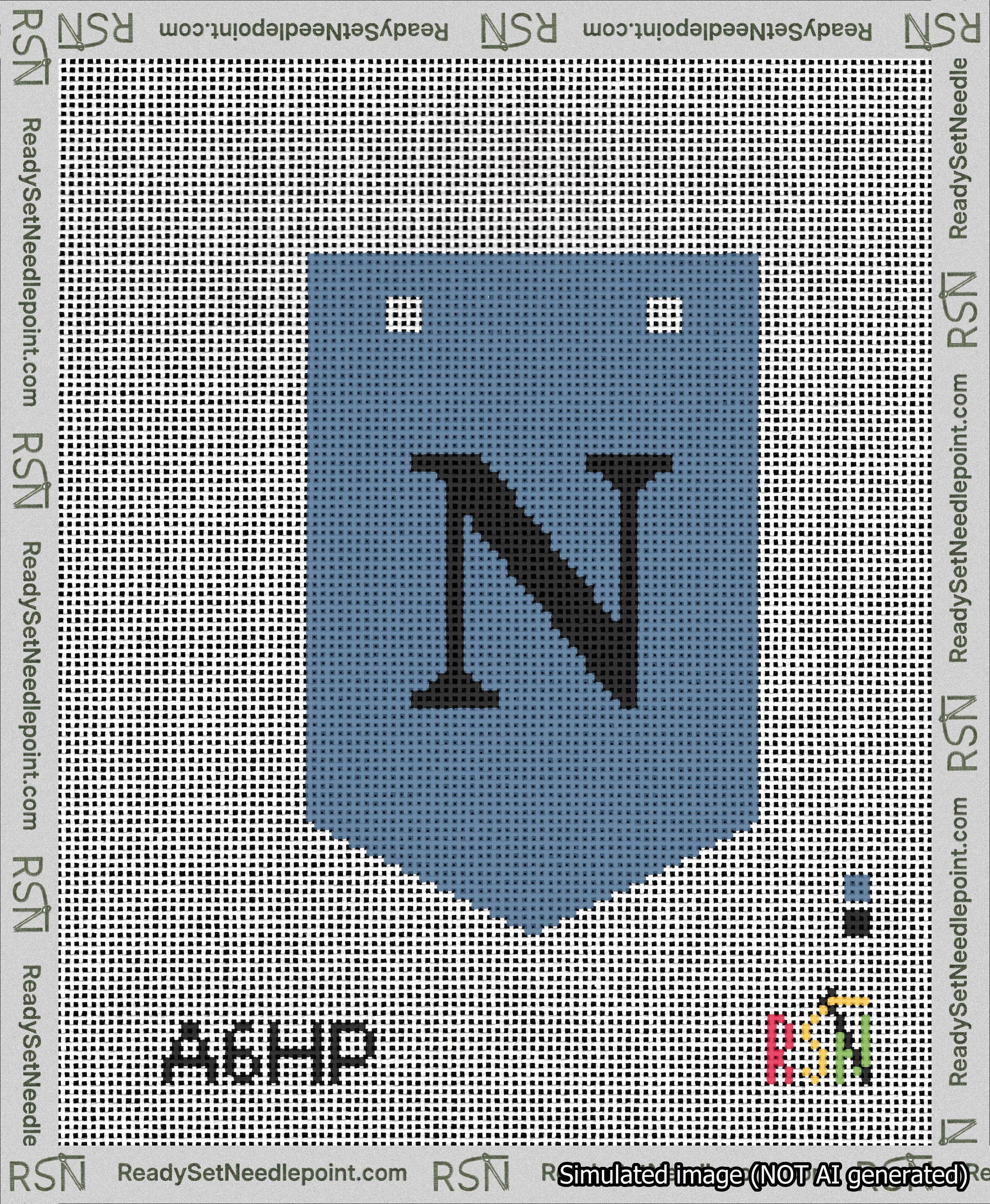 A taped needlepoint canvas with the design: Banner 13 mesh count Pointed N Black on Blue.
