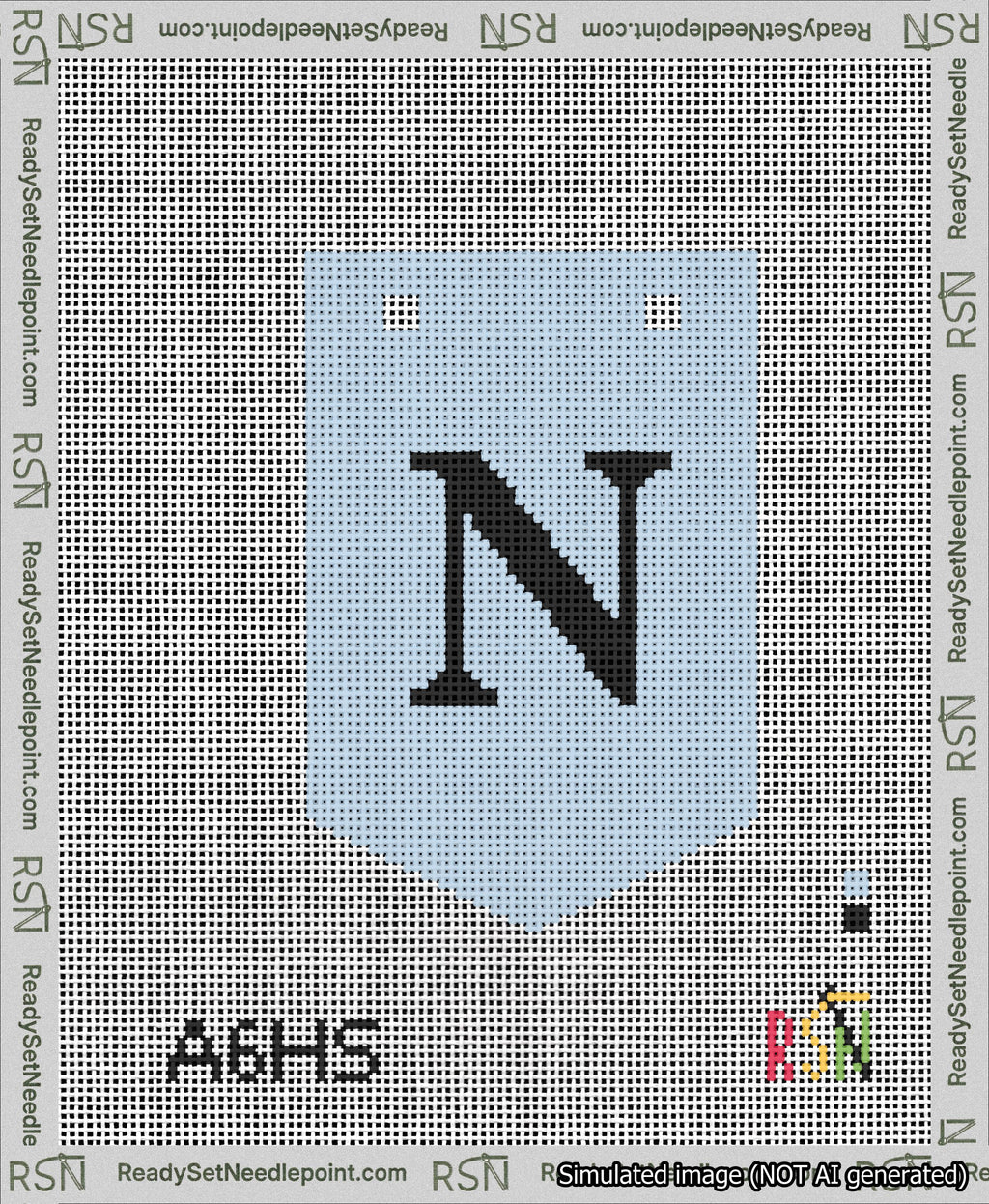 A taped needlepoint canvas with the design: Banner 13 mesh count Pointed N Black on Light Blue.