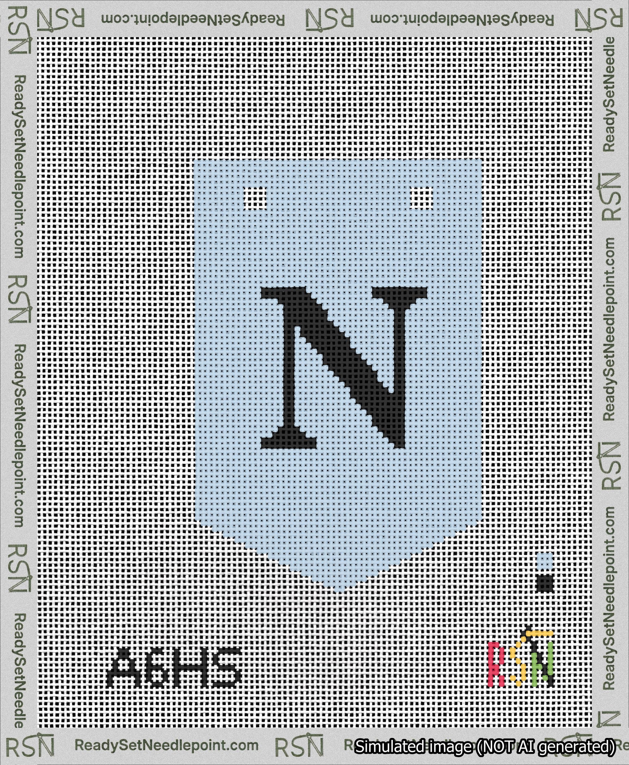 A taped needlepoint canvas with the design: Banner 13 mesh count Pointed N Black on Light Blue.