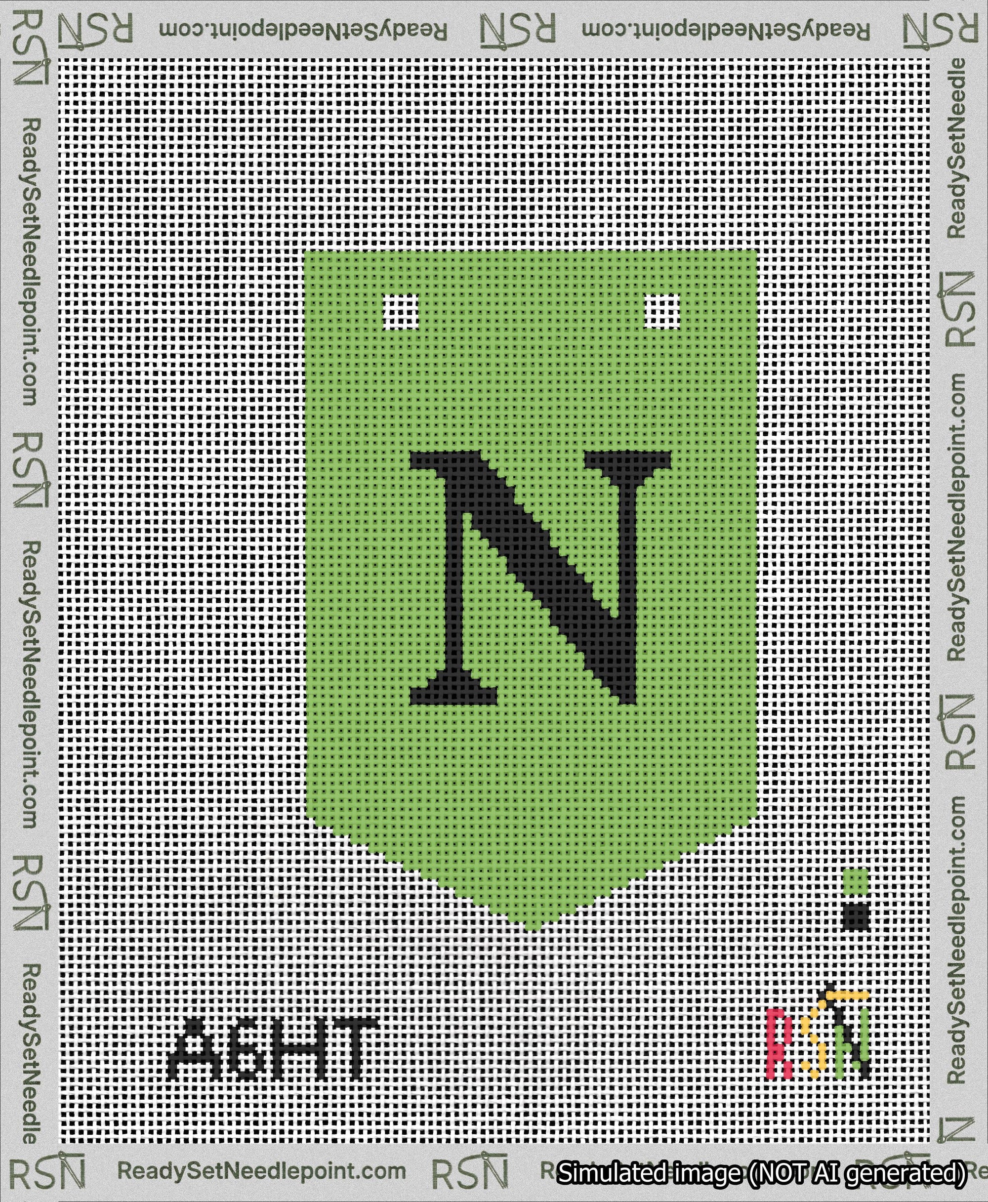 A taped needlepoint canvas with the design: Banner 13 mesh count Pointed N Black on Light Green.
