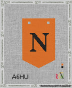 A taped needlepoint canvas with the design: Banner 13 mesh count Pointed N Black on Orange.