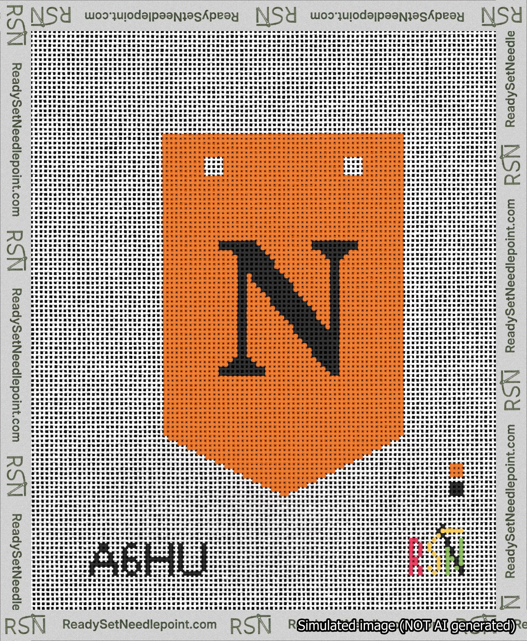 A taped needlepoint canvas with the design: Banner 13 mesh count Pointed N Black on Orange.