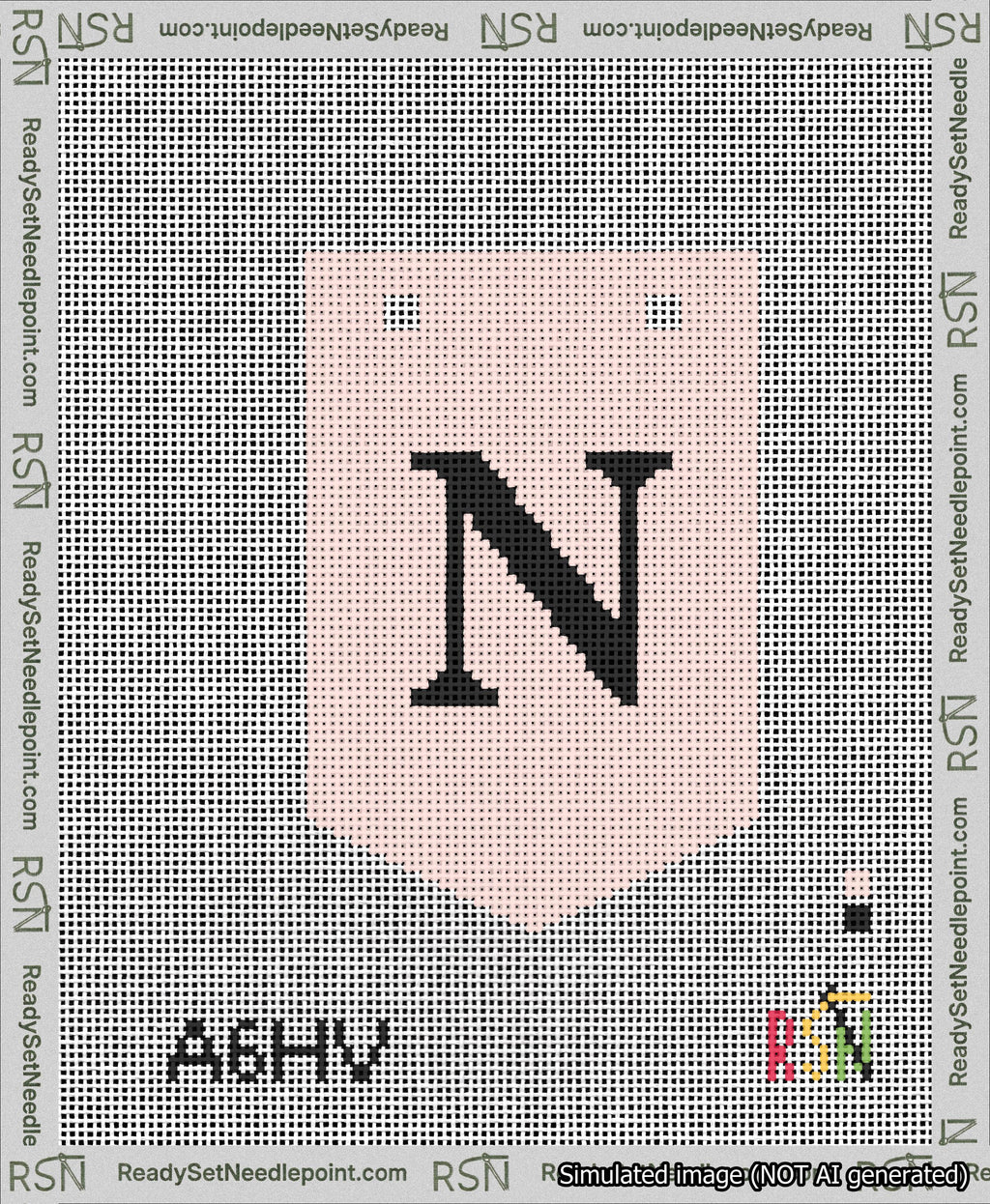 A taped needlepoint canvas with the design: Banner 13 mesh count Pointed N Black on Pink.